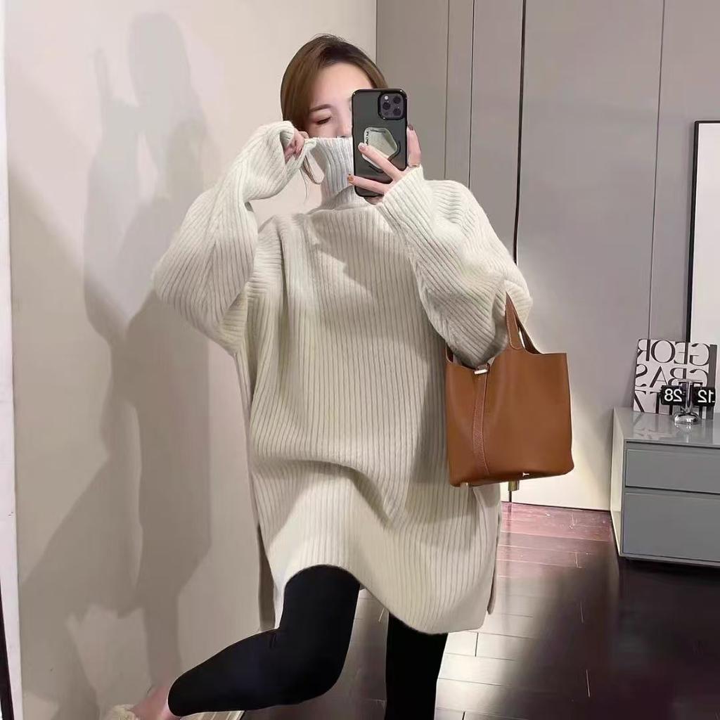 New solid color simple turtleneck hem slit thick pullover sweater for women, warm layered knit sweater