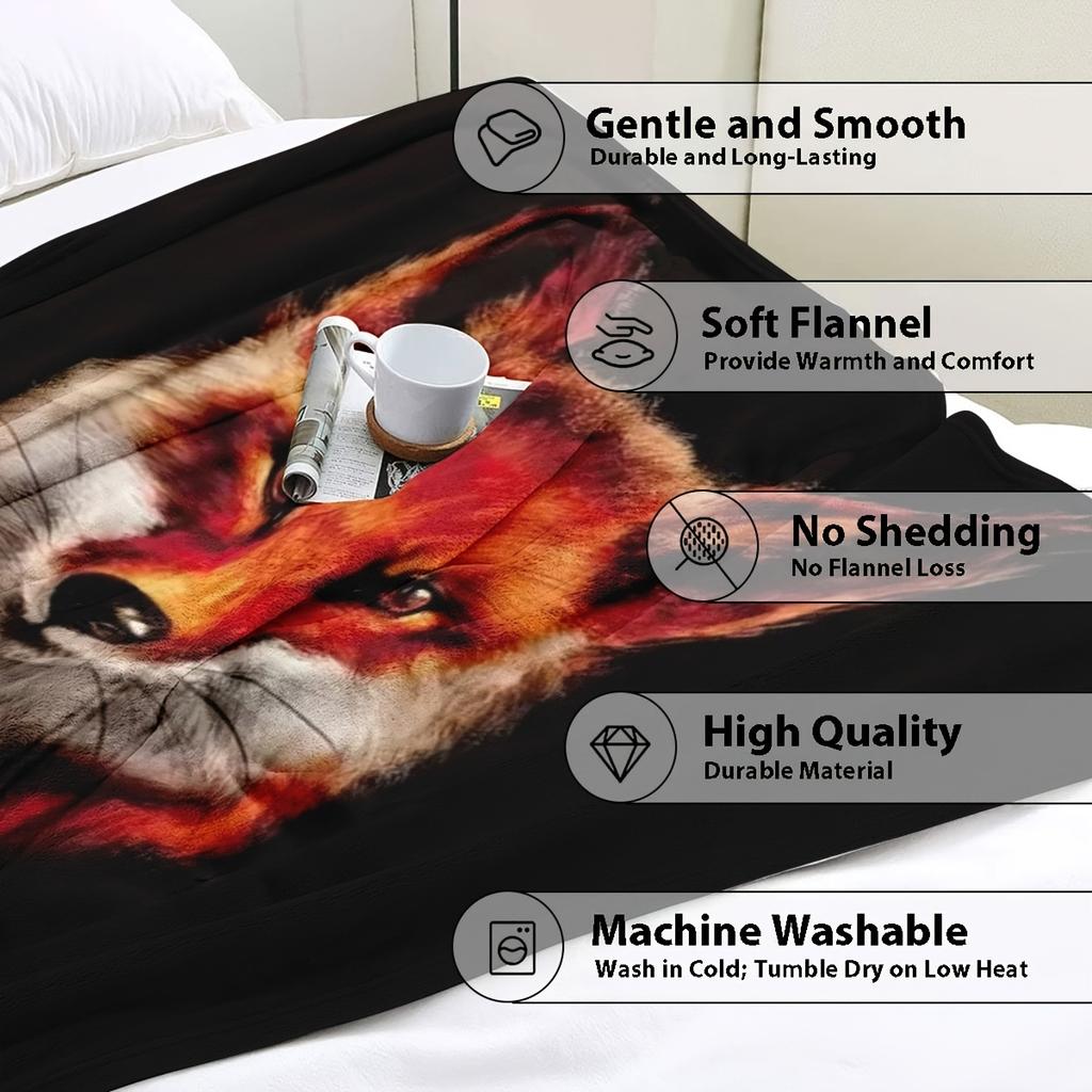 Fox Print Flannel Blanket - All-Season Soft Warm Throw for Sofa, Bed & Travel - 100% Polyester Cozy Blanket with Vivid Digital A
