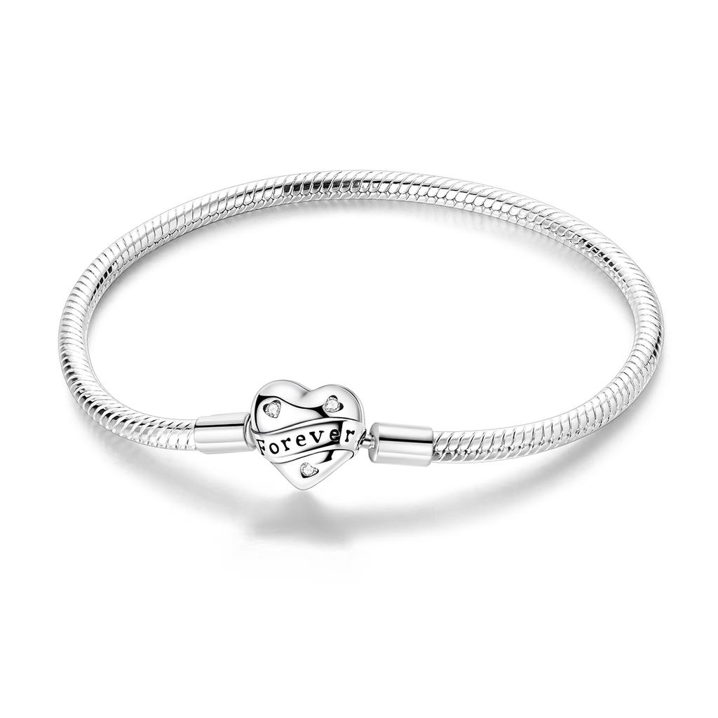 925 Silver Heart Charm Bracelet with Snake Chain for Women DIY Bead Jewelry