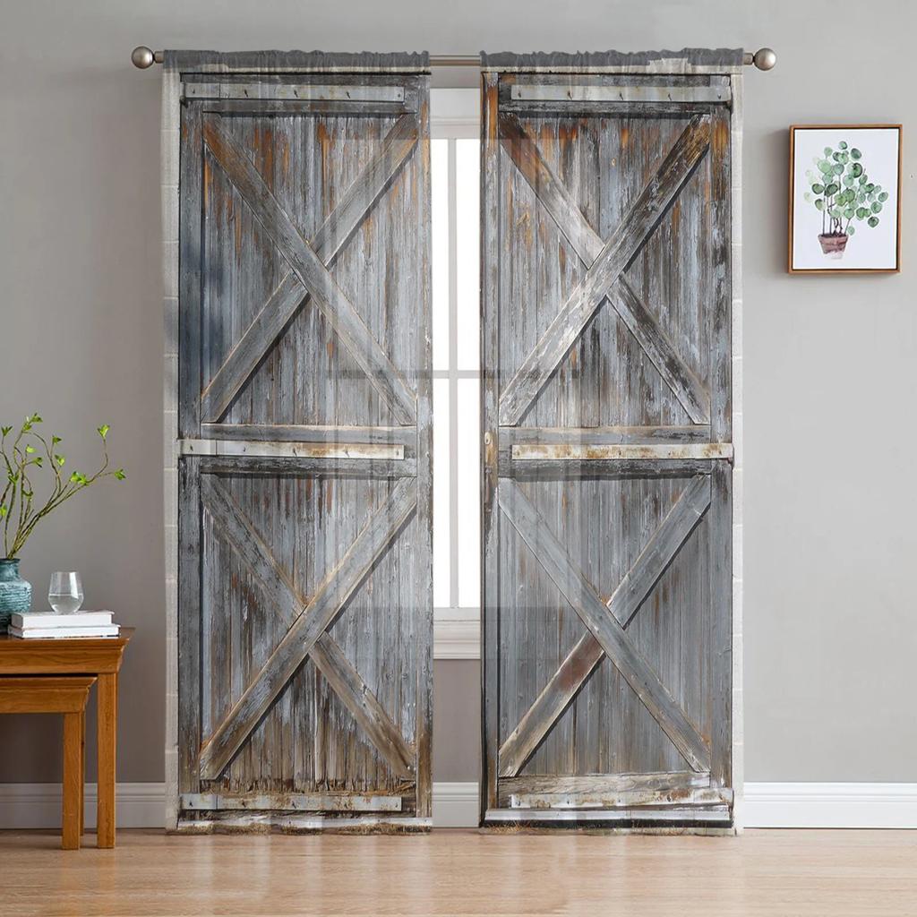 Moderne Vintage Holztür Türrahmen Tüllvorhänge Wohnzimmer Dekoration Chiffon Voile Küche Schlafzimmer Fenstervorhang mit Lichtfilterung Polyester