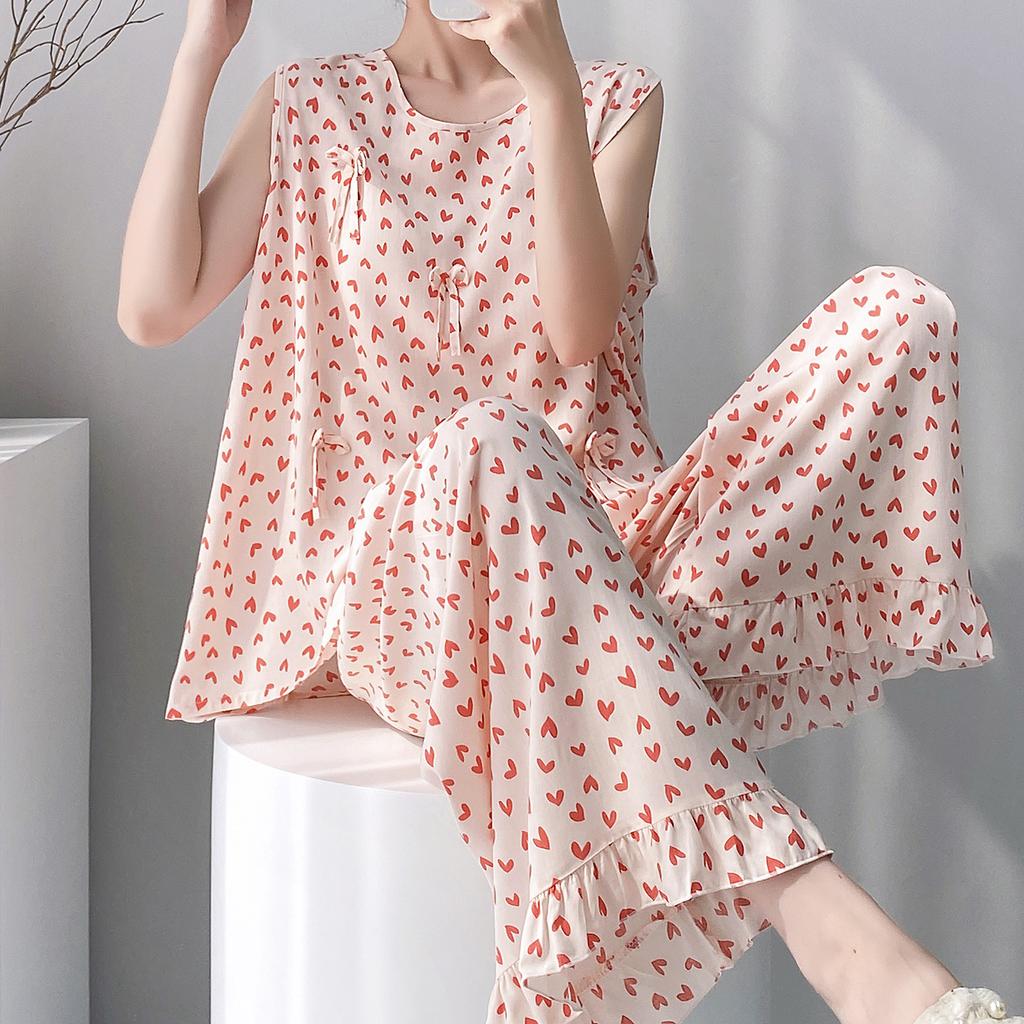 1011 new pajamas with chest pads women's summer sleeveless printing high-end loungewear anti-bumping cotton and silk suit thin