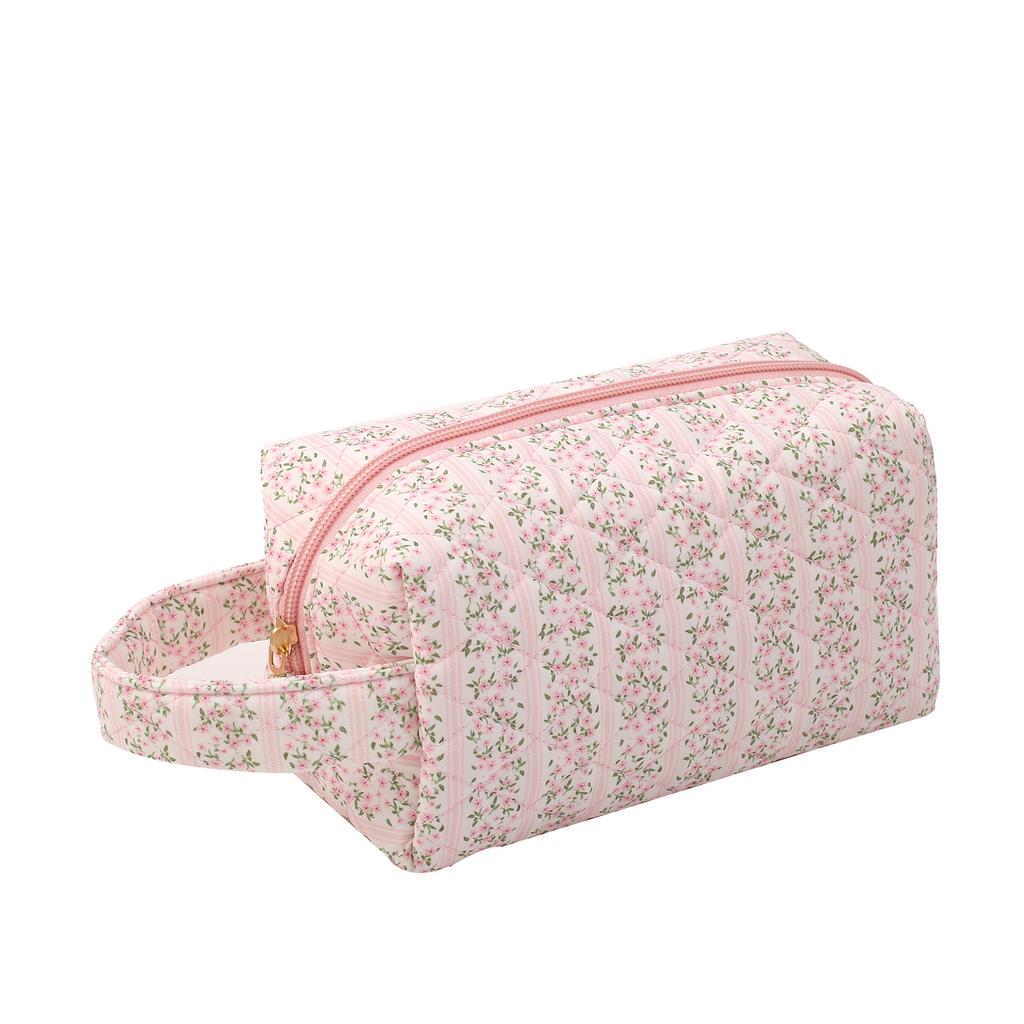 Floral Print Quilted Makeup Bag Large Capacity Cute Toiletry Pouch for Travel Ins Fashion Cosmetic Organizer for Women Girls