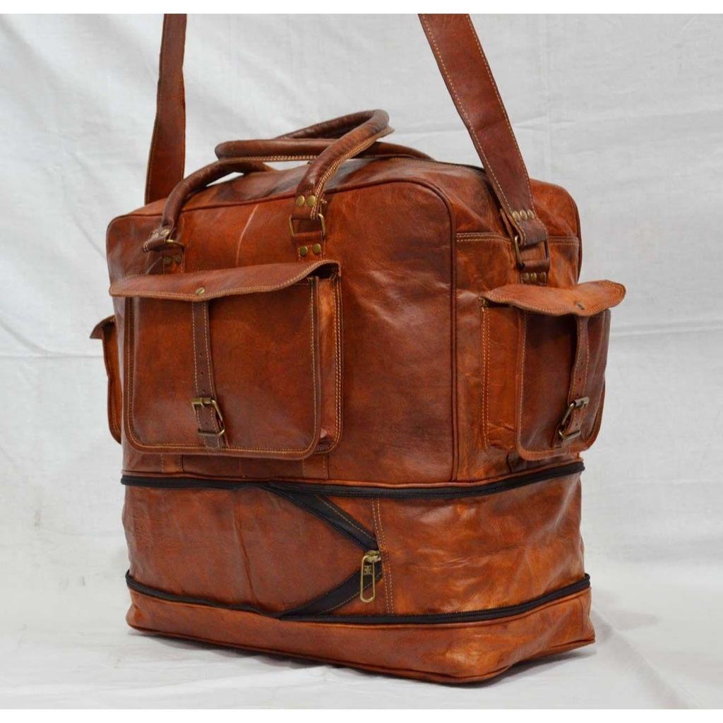 Sac De Nuit En Cuir Véritable Fait Main – Homme – Marron, 3 Poches – Vintage