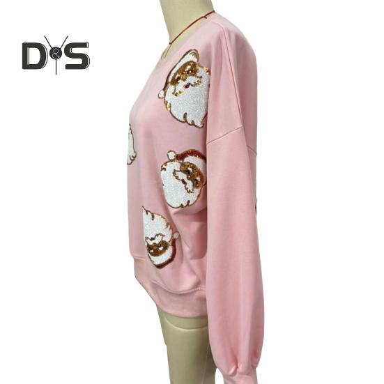 Women Christmas Sweatshirt Round Neck Sequin Santa Pattern Loose Long Lantern Sleeves Pullover Keep Warm New Year Party Top