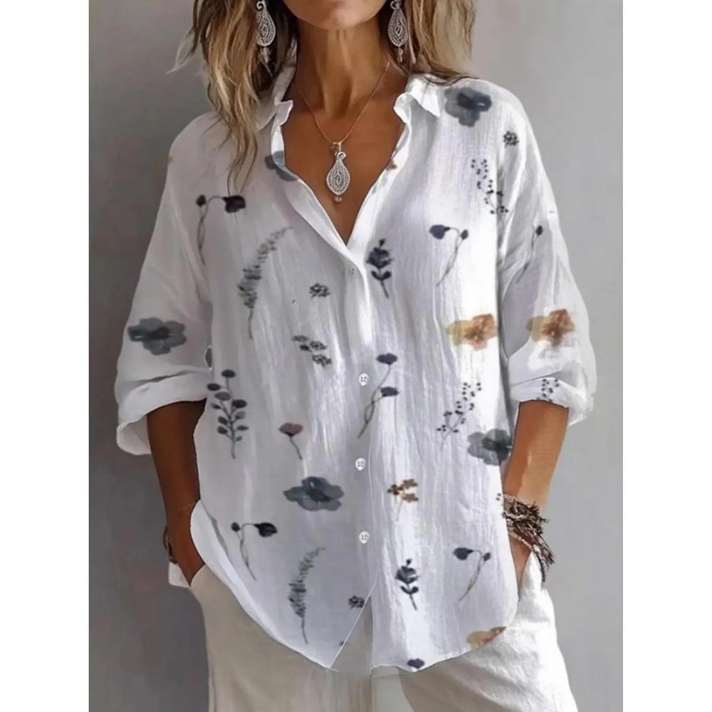 Summer Autumn Women's Shirt Flower Active Stylish Blouse Lapel Neck Blouse Women's Long Sleeve Shirts Womens Clothing Female Top