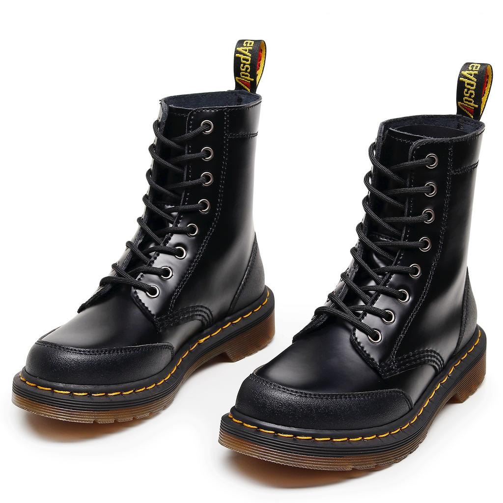 High-top 1460 Tooling Boots Women's Splicing Hard Leather Open-edged Bead Short Boots Men's and Women's Glossy Leather Boots Round-head Locomotive Sho