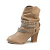 Botines Caqui de Tacón Grueso - Rebajas, Botas Arrugadas con Tachuelas y Pedrería para Mujer