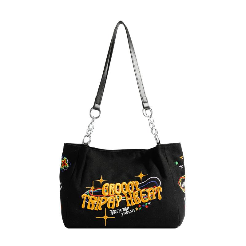 

Сумка для студентов колледжа 2024 года, новая, вышитая буквами, холщовая, большая вместительная сумка через плечо, сумка-тоут для поездок на работу чёрный