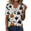 Damen Halloween Print V-Ausschnitt Kurzarm Knopfleiste T-Shirt