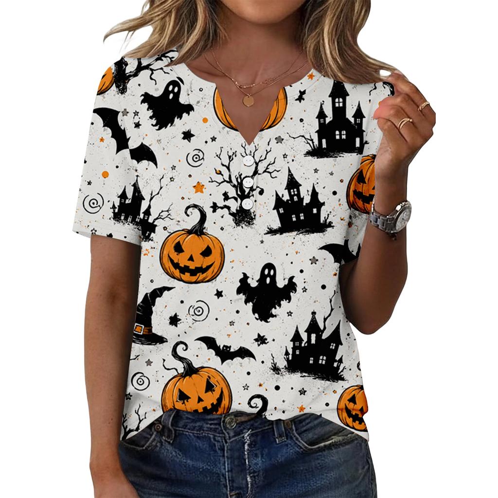 Damen Halloween Print V-Ausschnitt Kurzarm Knopfleiste T-Shirt