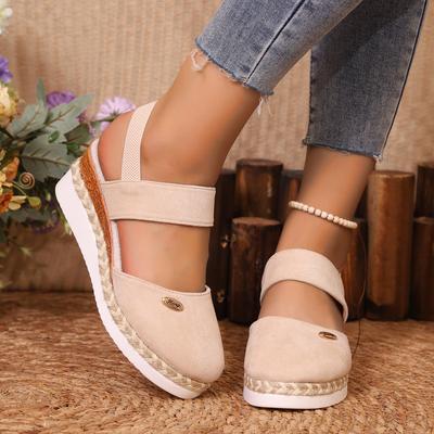 2024 neue Baotou Einwort elastische vielseitige Hanfseil dicksohlen leere Schuhe Außenhandel große lässige Keilabsatzsandalen Damen
