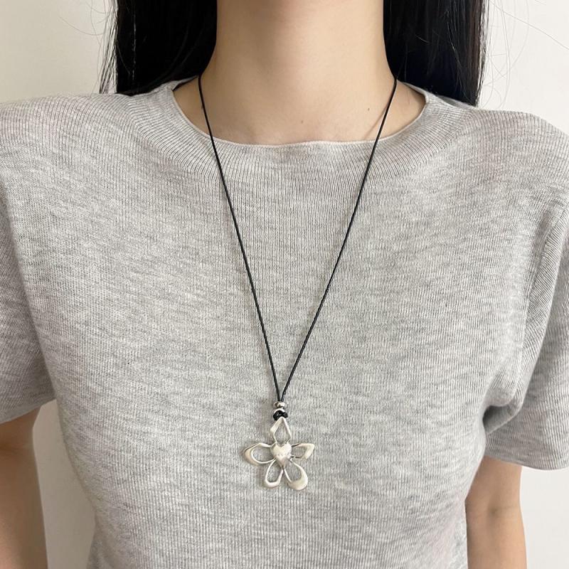 Fashion Silver Color Hollow Flower Long Necklace for Women Girls Simple Adjustable Black Rope Chain Necklace Jewelry Gifts
