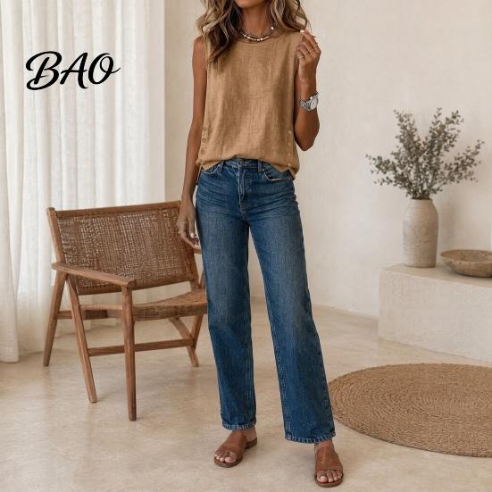Soft Blouse Summer Tops for Women, Round Neck Sleeveless Pullover Tops, Pure Color Stretchy Breathable Regular Fit Vest Work Party Vacation