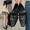 Square Toe Shallow Mouth Block Heel Single Shoes Fashion Studded Metal Buckle Soft Sole Low Top Shoes