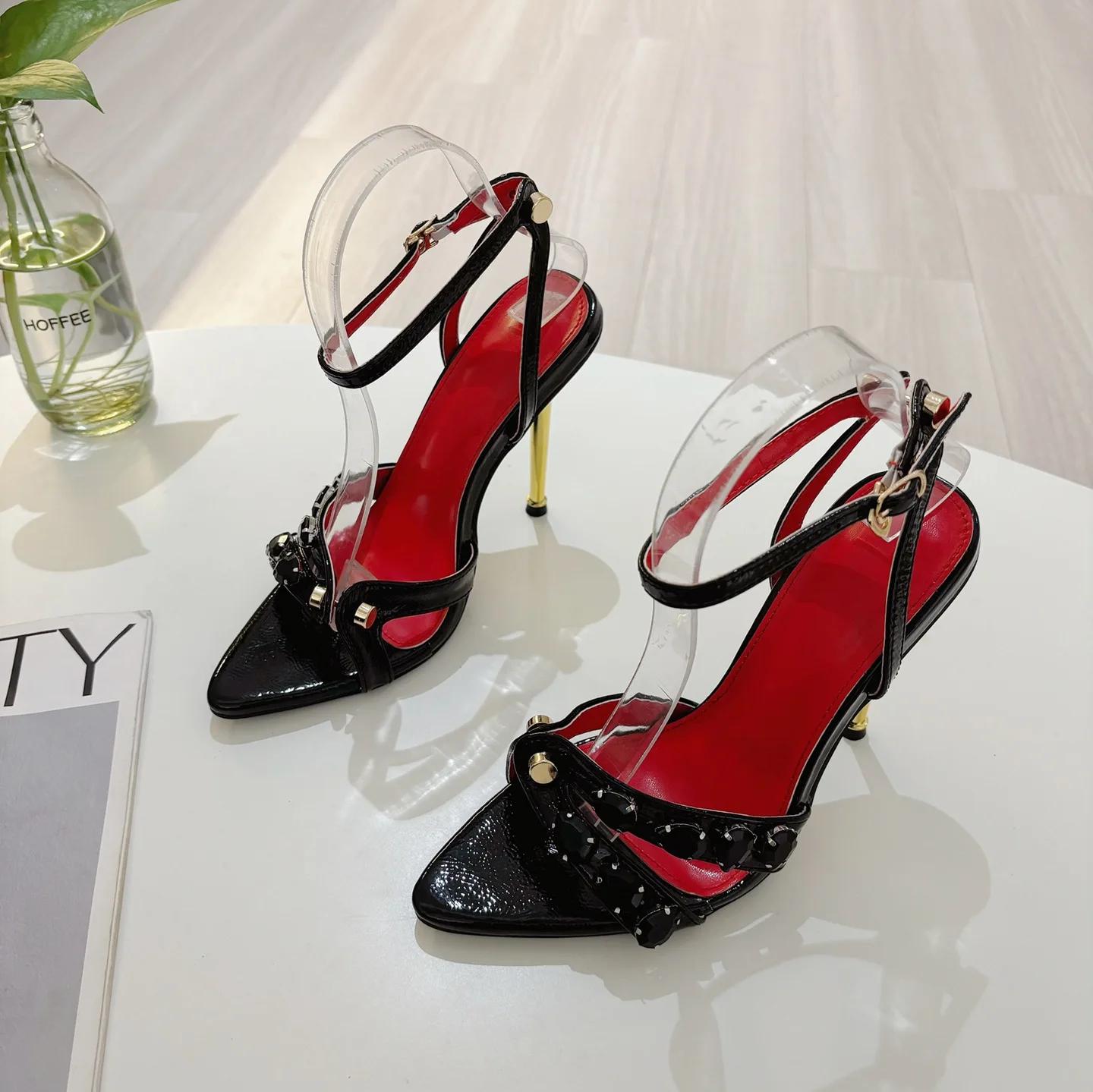 

Fashion Luxury Rhinestones Pointed Sexy Peep Toe Sandals Women Pumps Summer Buckle Strap Metal Thin High Heels Shoes Size 41 35 чёрный