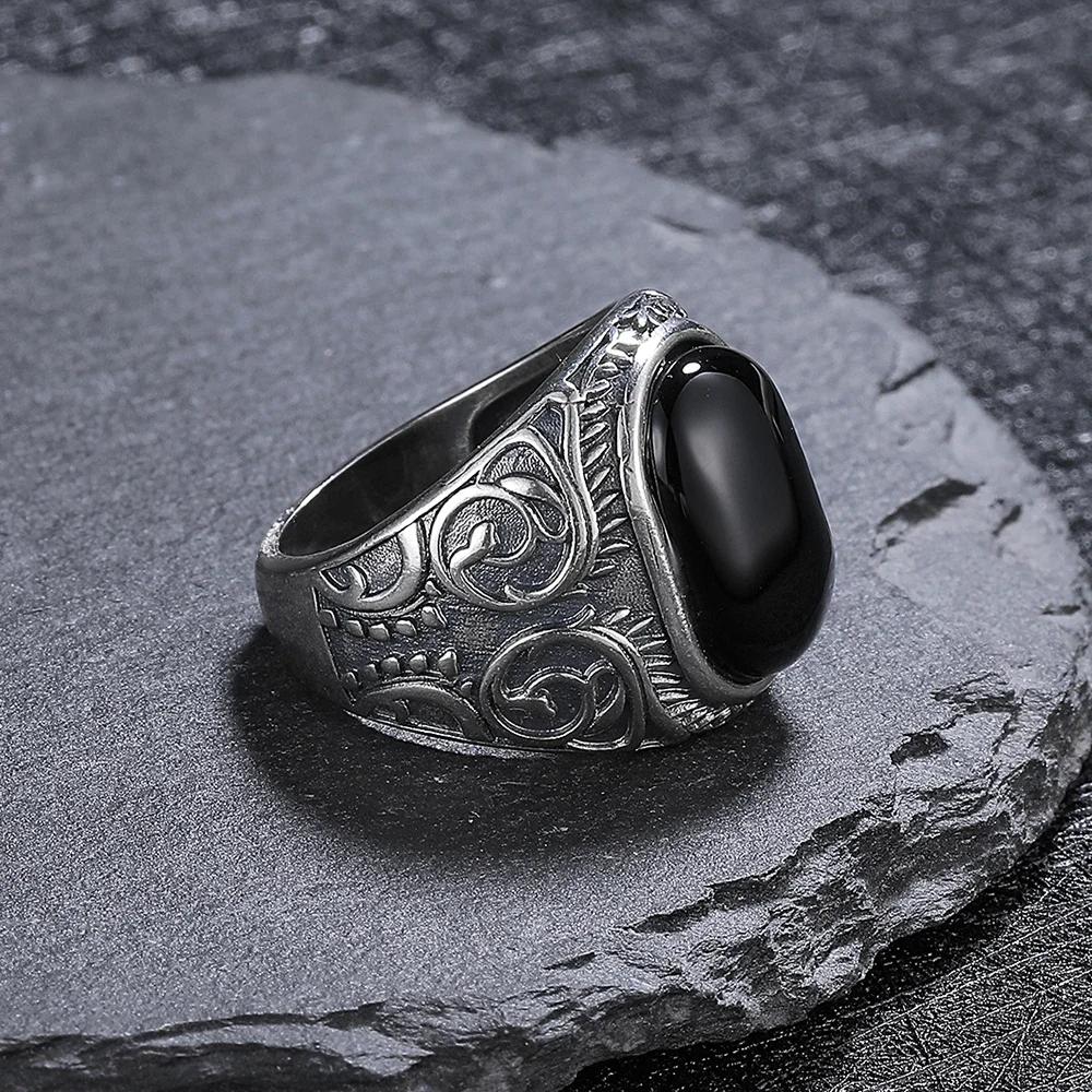 Natural 10*15mm Big Black Agate Stone Vintage Ring For Women Men Lover's Luxury  Party Marcasite Jewelry Party Gifts