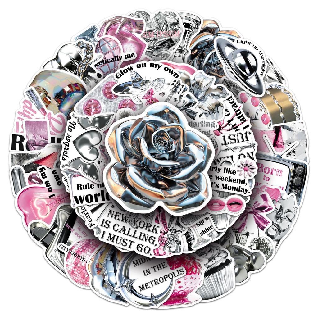 50 Silver Glitter Y2K Eco-friendly Waterproof Stickers for Notebooks, Desktops, Refrigerators - Realistic & Creative Design