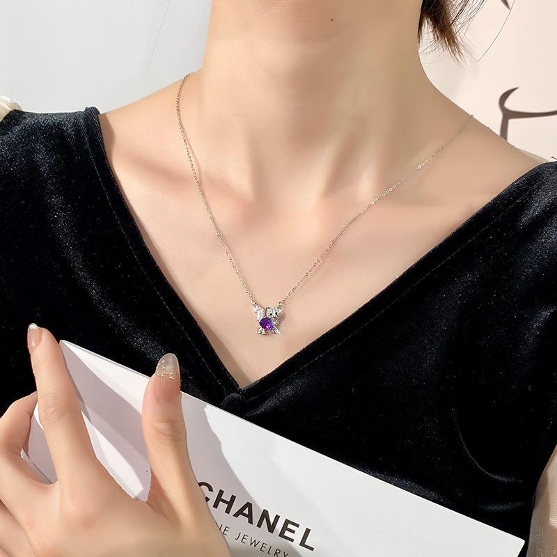S925 Silver Cat Pendant Necklace Natural Crystal Choker Chain for Women