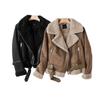 Women's Faux Suede Shearling Jacket Lapel Collar Zip Up Moto Biker Coat with Belt