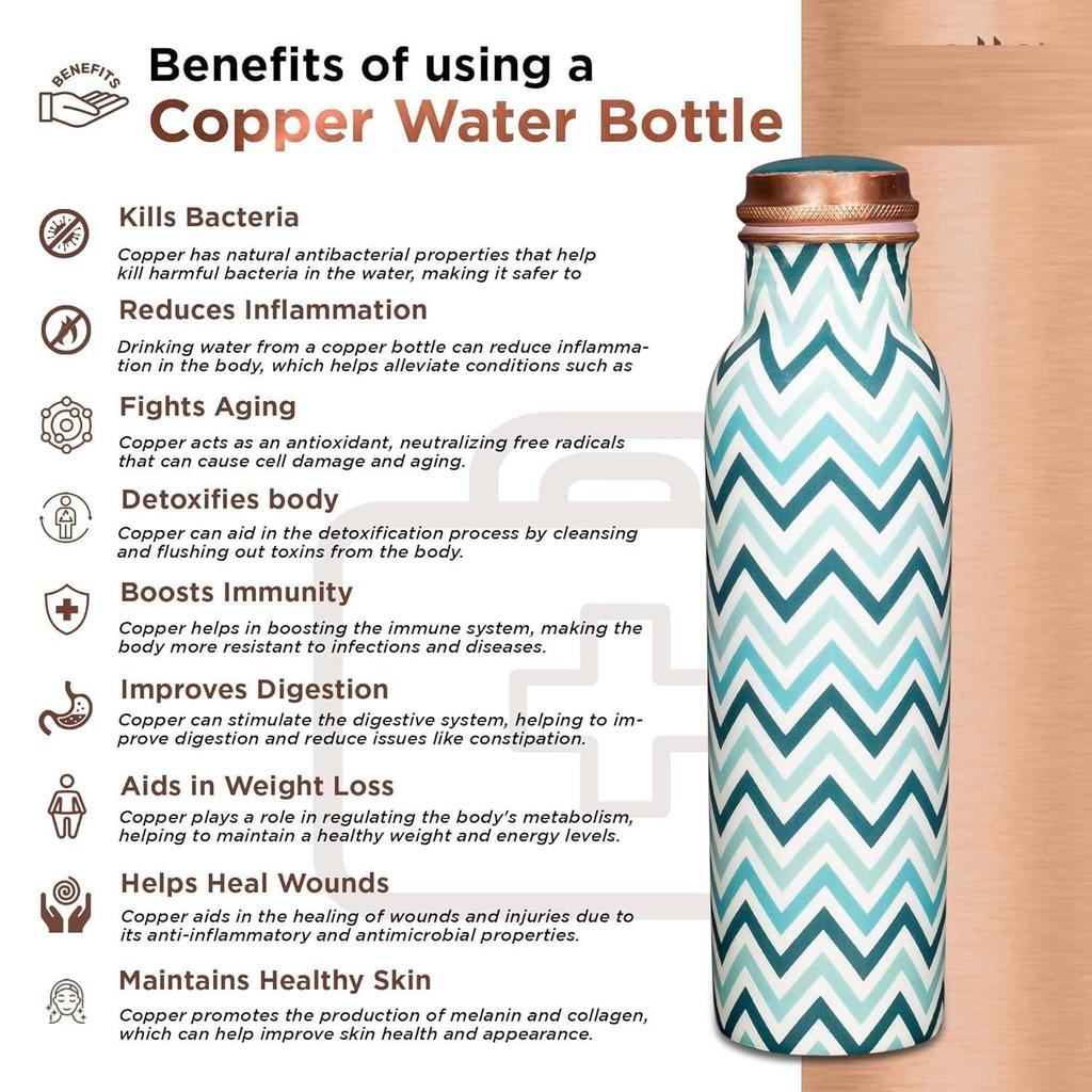 Pure Copper Water Bottle 1 Litre Alkaline and Anti Oxidant 100% Leak Proof, Office ,Modern Tamba Bottle(Chevron, Teal Blue)