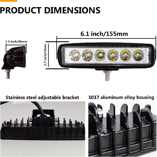 Willpower 2pcs 18W 6 Inch LED Work Light Spot Beam Single Row LED Light Bar 12V 24V Super Slim Offroad Driving Lights Fog Lamps for Truck Tractor