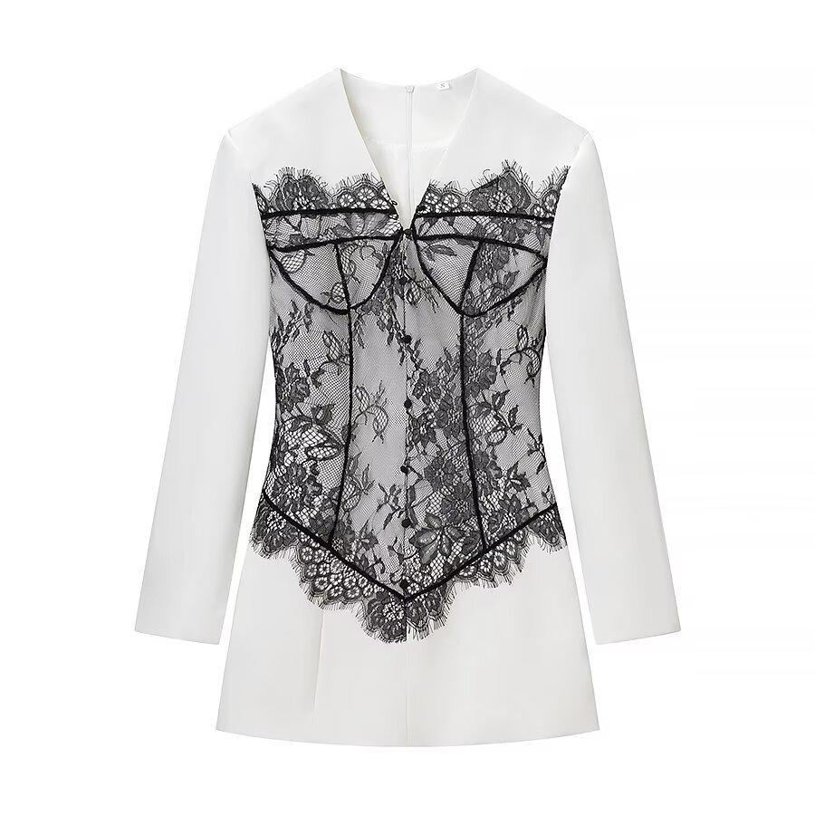 2025 Autumn European & American Style Women s Lace Patchwork Long Sleeve Dress Large