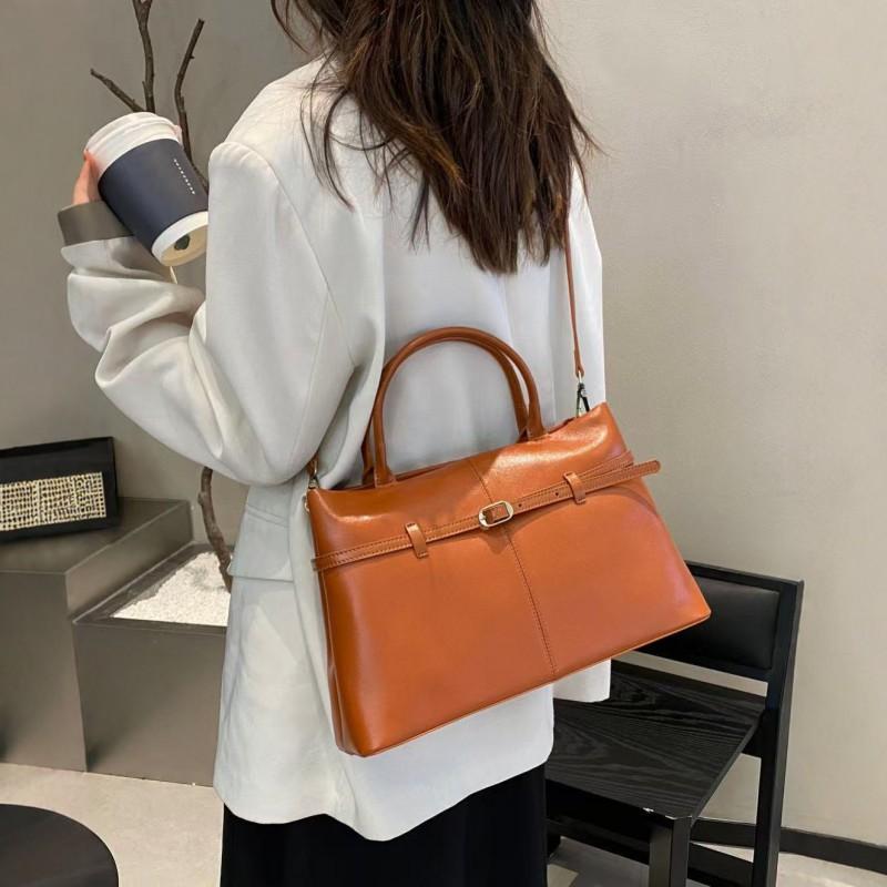 2025 New Top-layer Vegetable Tanned Cowhide Large-capacity Tote Bag Belt Decoration Portable One-shoulder All-matching Commuter Women's