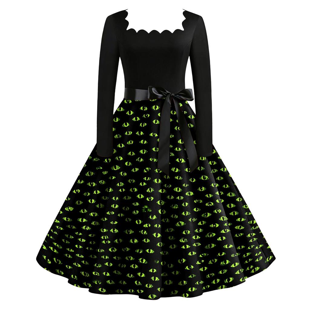 Women's Vintage Long Sleeve Square Neck Halloween Print Party Dress Midi Length Fit and Flare Style with Waist Tie Belt
