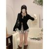 Spice girl black V-neck button split design sense long-sleeved T-shirt women's autumn pure desire lace-up irregular beautiful top