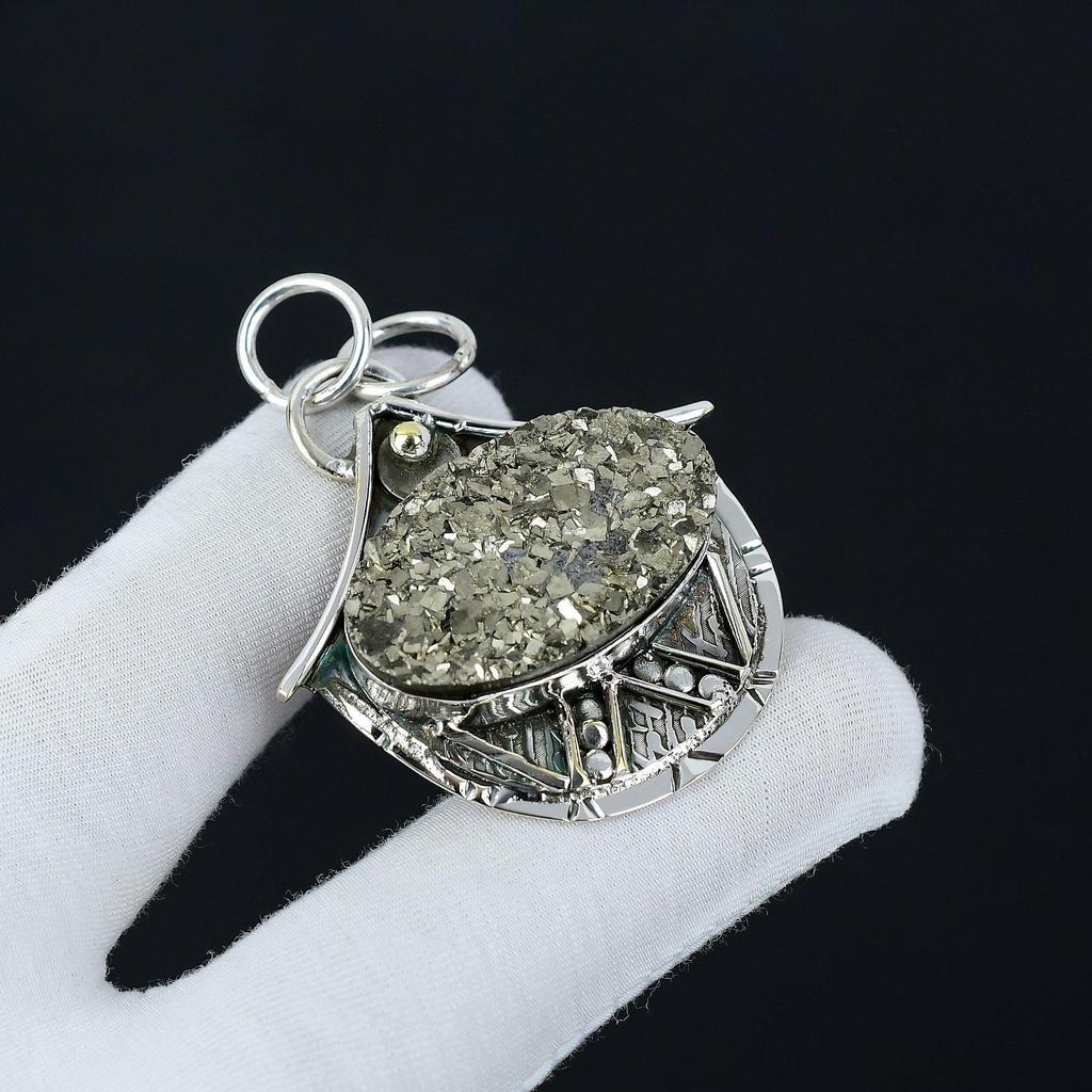 Pyrite Druzy Gemstone Handmade 925 Sterling Silver Pendant, Antique Natural Pyrite Druzy Pendant, Women's Jewelry, Unisex Pendant For Her