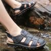 Men Handmade Simple Flats Sandals Summer Roman Sandals Retro Black Brown Closed Toe Leather Beach Shoes Plus Size