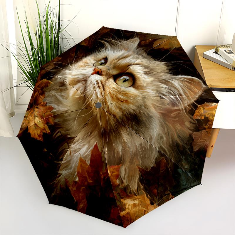 Persian Cat and Plant pattern, automatic folding umbrella, portable and foldable design, 8 ribs, a Christmas or birthday gift.