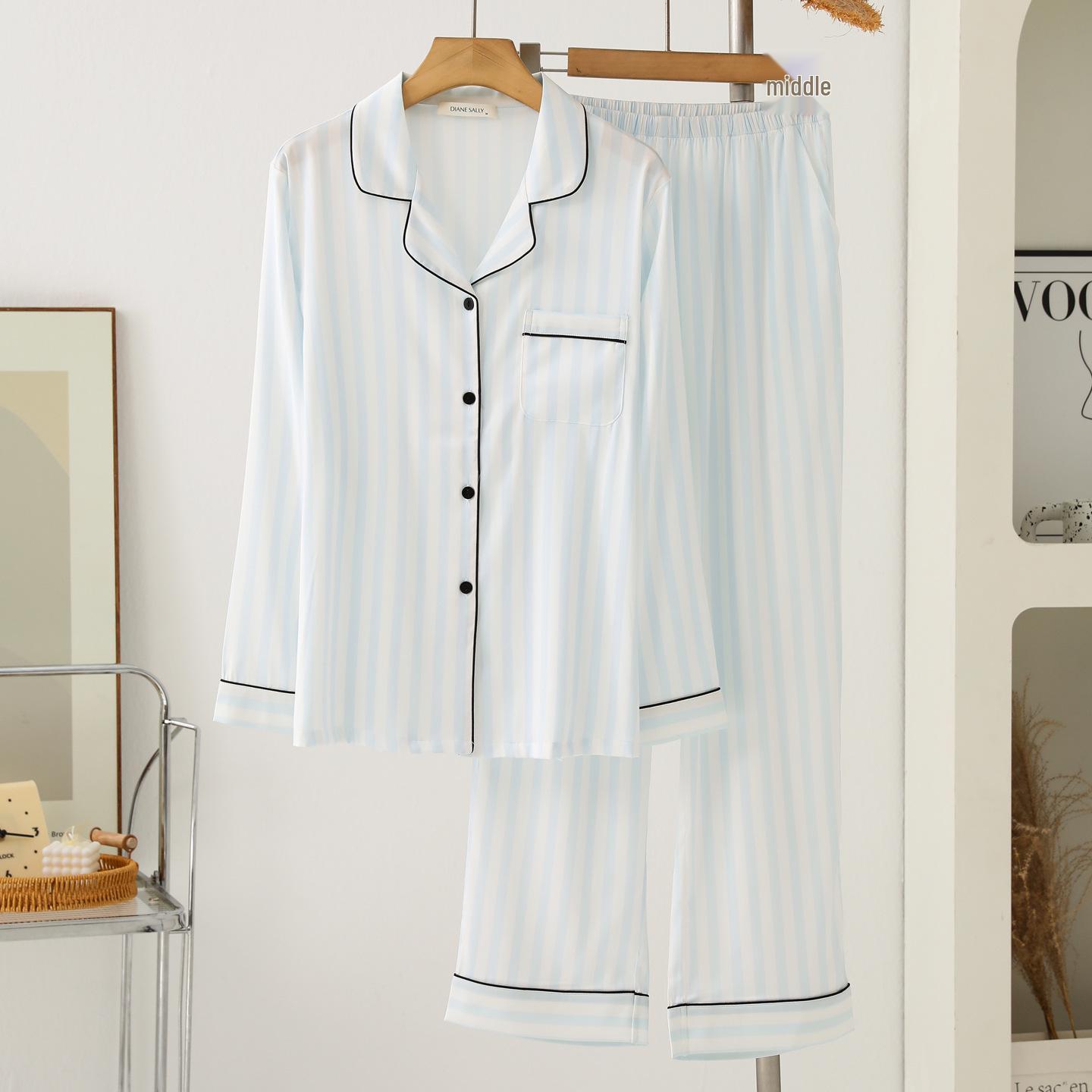 

Роскошный полосатый пижамный комплект из ледяного шелка для женщин – Стиль весна/осень 2025 с воротником-стойкой и длинными рукавами для ношения дома/на улице Medium светло-синий