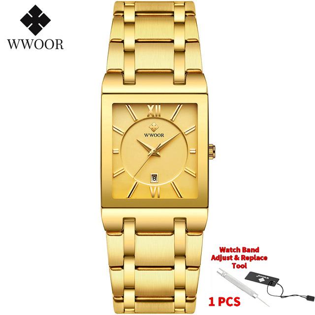 WWOOR Brand Luxury Gold Bracelet Men's Watches Fashion Square Quartz Wrist Watch For Men Stainless Steel Waterproof Reloj Hombre