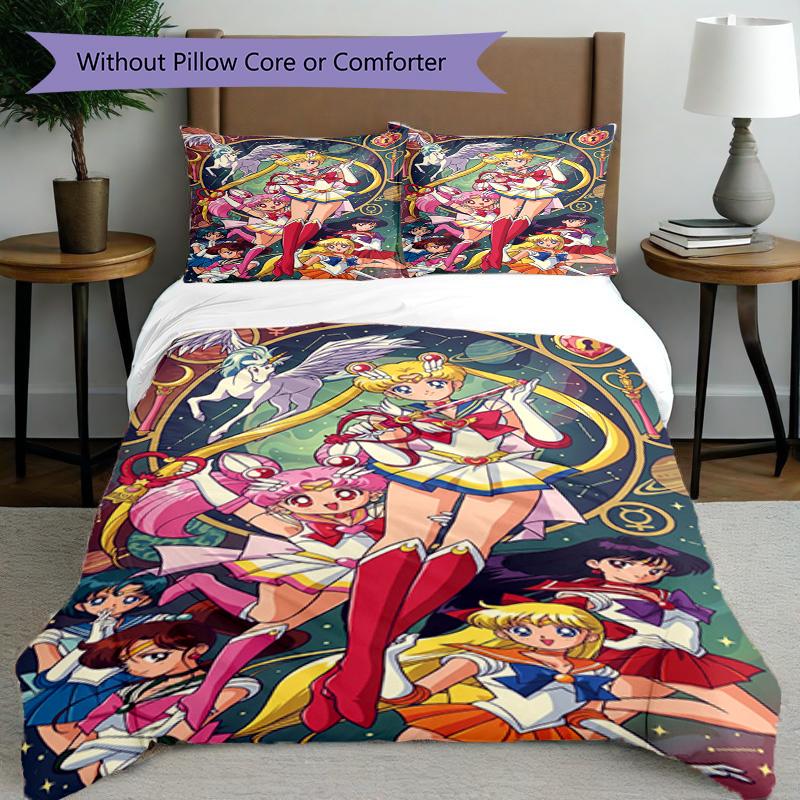 3'lü Nevresim Takımı (1*Nevresim Kılıfı + 2*Yastık Kılıfı, Çekirdeksiz), Sailor Moon Baskılı Nevresim Takımı, Yatak Odası Dekorasyonu, Dört Mevsim, Doğum Günü Hediyesi