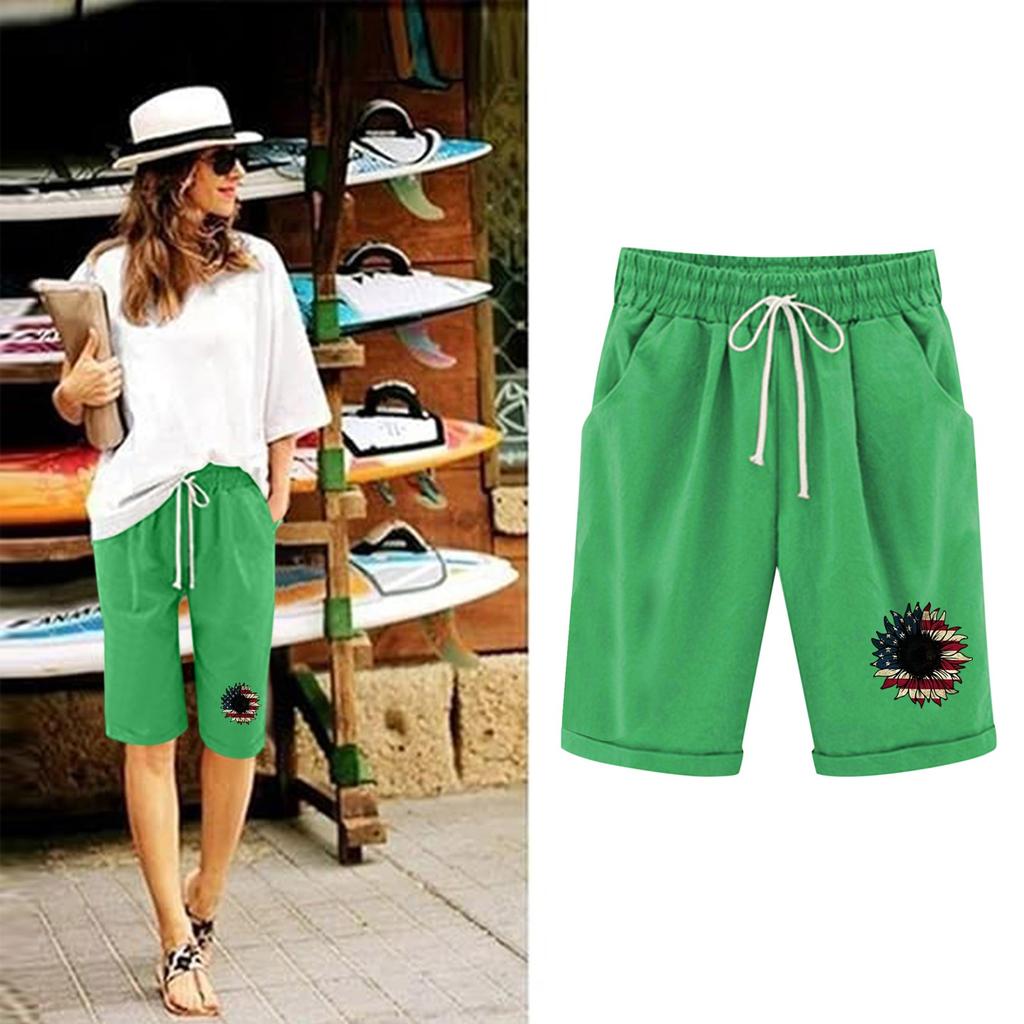 Shorts in Übergröße für Damen, dehnbar, kurvig, aus Baumwolle und Leinen, mit Kordelzug, elastischer Bund, Bermudashorts, lässige Strandkleidung