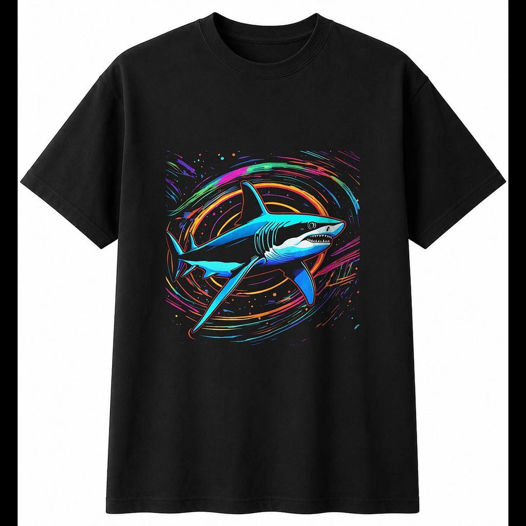 Colourfule Shark Sunbeams Mens T-Shirt Sea Ocean Black 100% Cotton Printed