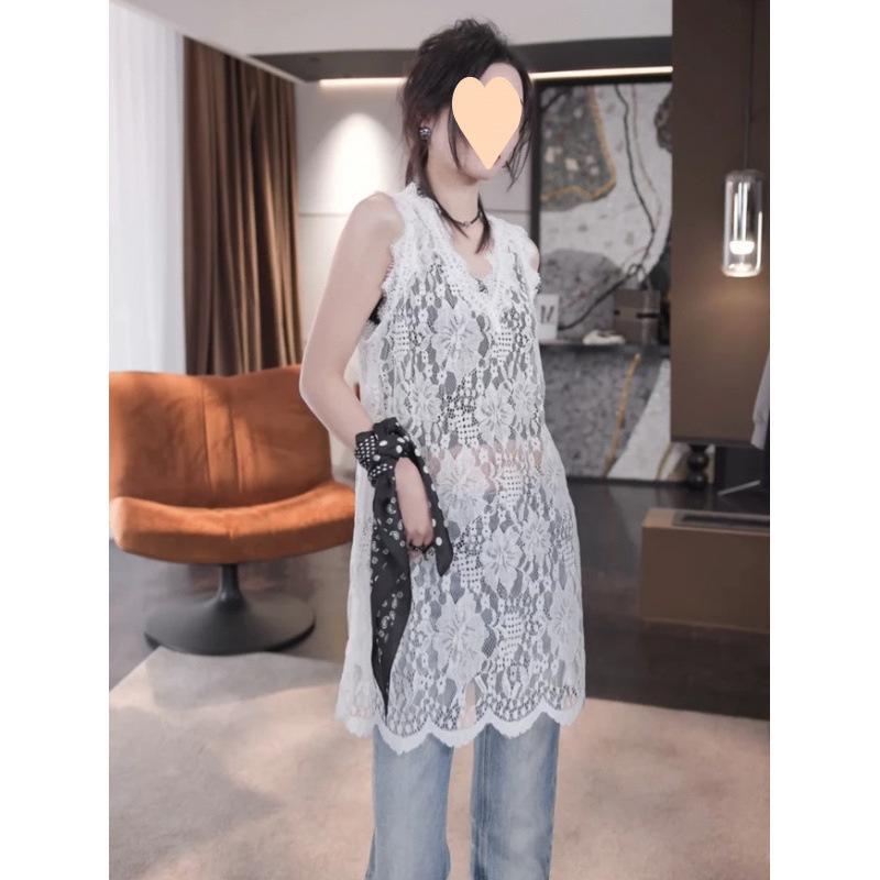 2025 Spring Versatile Midi Lace Vest, High-Waisted, Solid Color Style