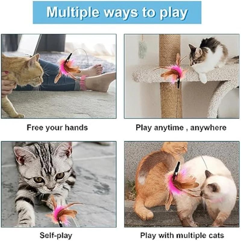 Angebrachtes Katzenhalsbandspielzeug, Katzen-Quetschstab aus Silikon, verstellbares Katzenhalsbandspielzeug mit Federn und Glöckchen, interaktives Katzen-Quetschspielzeug