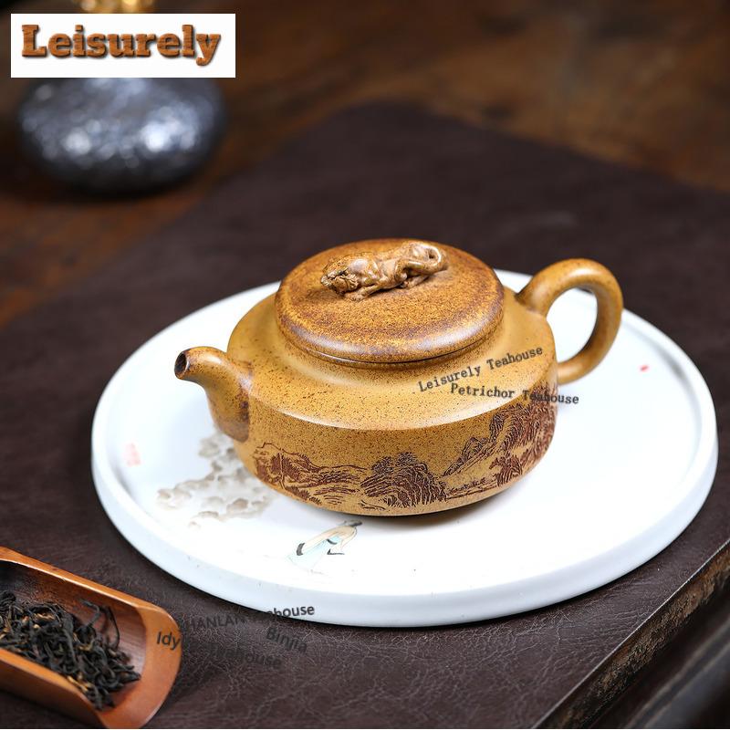 380ml Yixing Purple Clay Teapots Handmade Crouching Tiger Pot Raw Ore Wood-fired Porcelain Mud Kettle Zisha Tea Set Ornaments