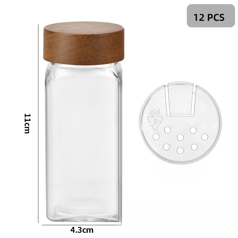 12pcs Wood Cover Glass Spice Jars Square Transparent Seasoning Storage Bottles Kitchen Salt Spices Ground Pepper Sealing Tools