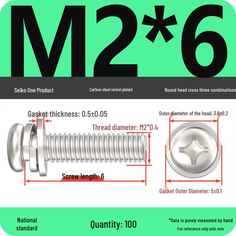 Nickel-Plated Phillips Pan Head Screw with Washer, M2-M6 Thread