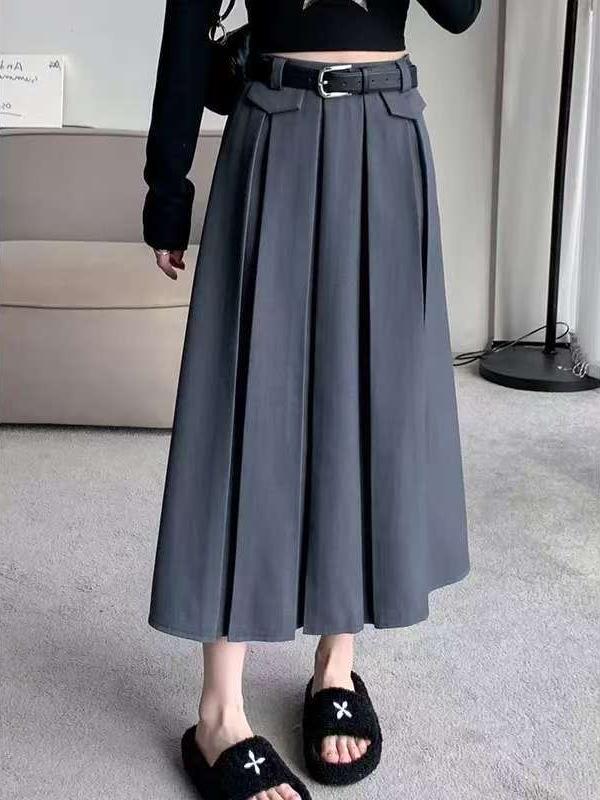 

Серая плиссированная юбка-миди А-силуэта с высокой талией - Стройнящая, для миниатюрных, во французском стиле, для весны и лета 6XL серый