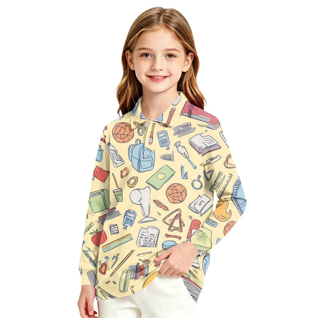 Girls School Uniform Long Sleeve T-Shirt with Back to School Print for and Casual Wear