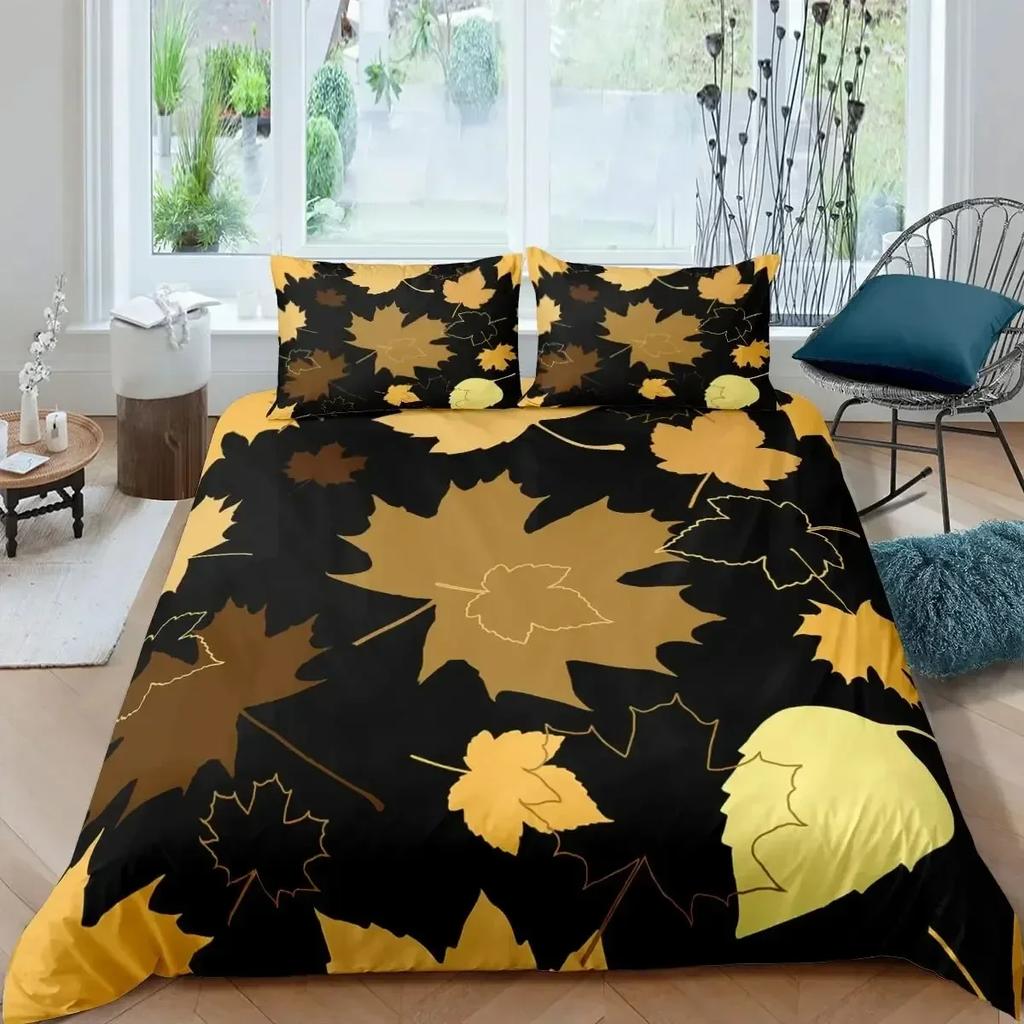 Maple Leaves Duvet Cover Set Colorful Autumn Season Maple Leaves In Unusual Designs Nature Print King Size 3D Bedding Set