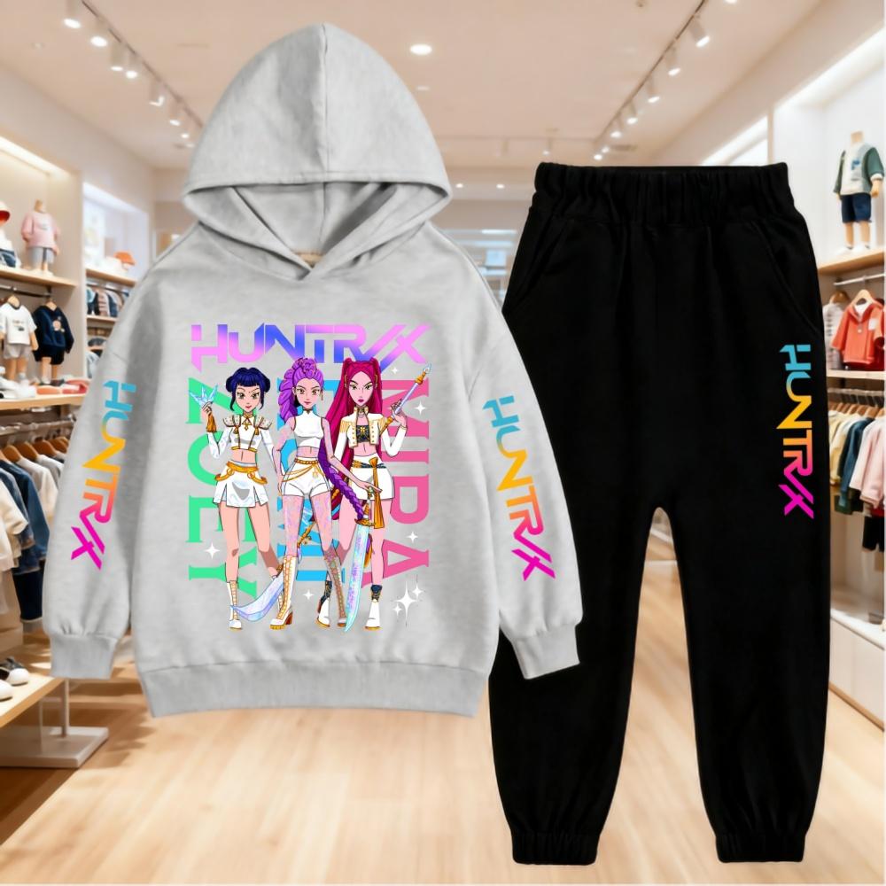 KPop Devil Hunter Cartoon Printed Children's Hoodie with Sports Pants Casual Fashion Set