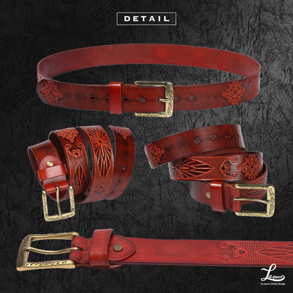 [Laquest] Men's Leather Belt, Cowhide, Ortiga Native Pattern, Embossed, Engraved, Casual (3. Red)