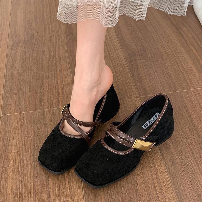 Fashion temperament French retro square head thick heel light mouth single shoes women's 2025 new spring and autumn height increase Mary Jane shoes