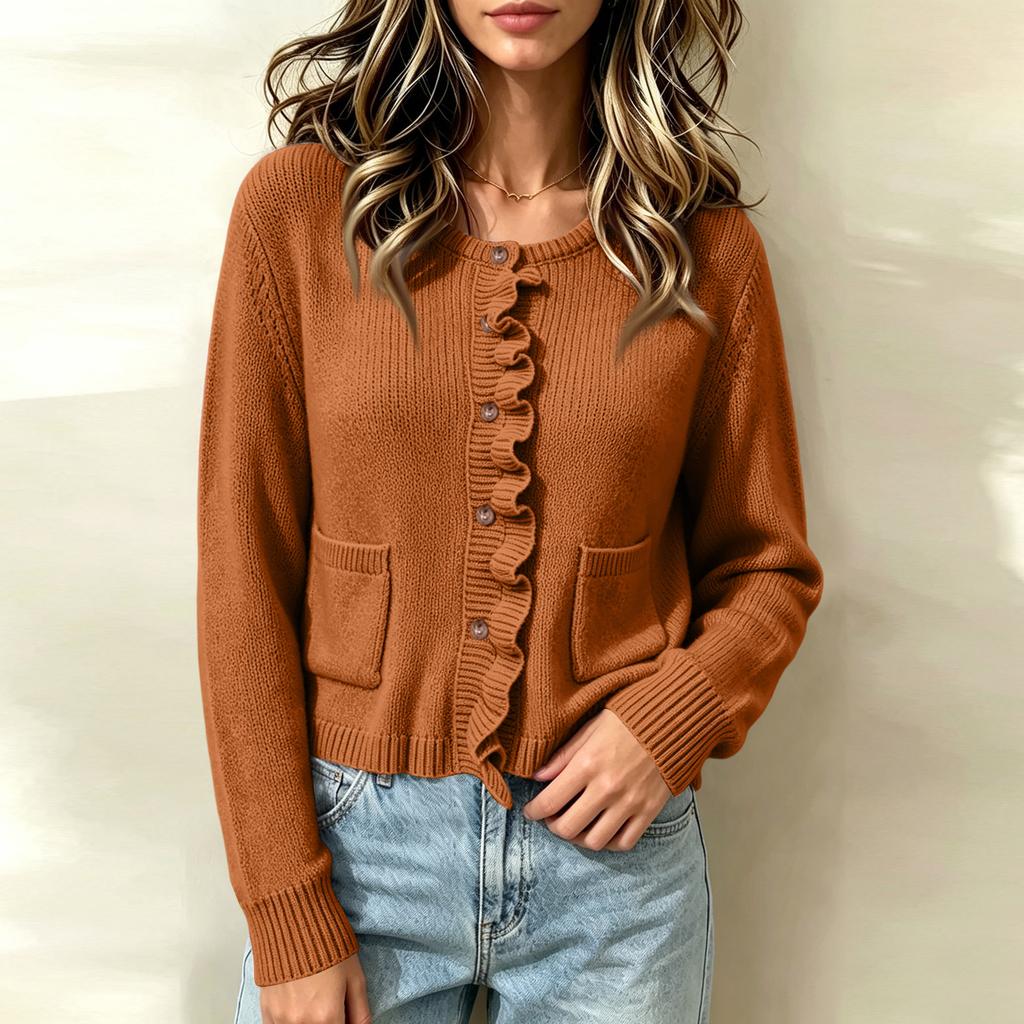 Women's Casual Knit Cardigan with Ruffle Trim and Single-Breasted Button Closure for Daily Wear