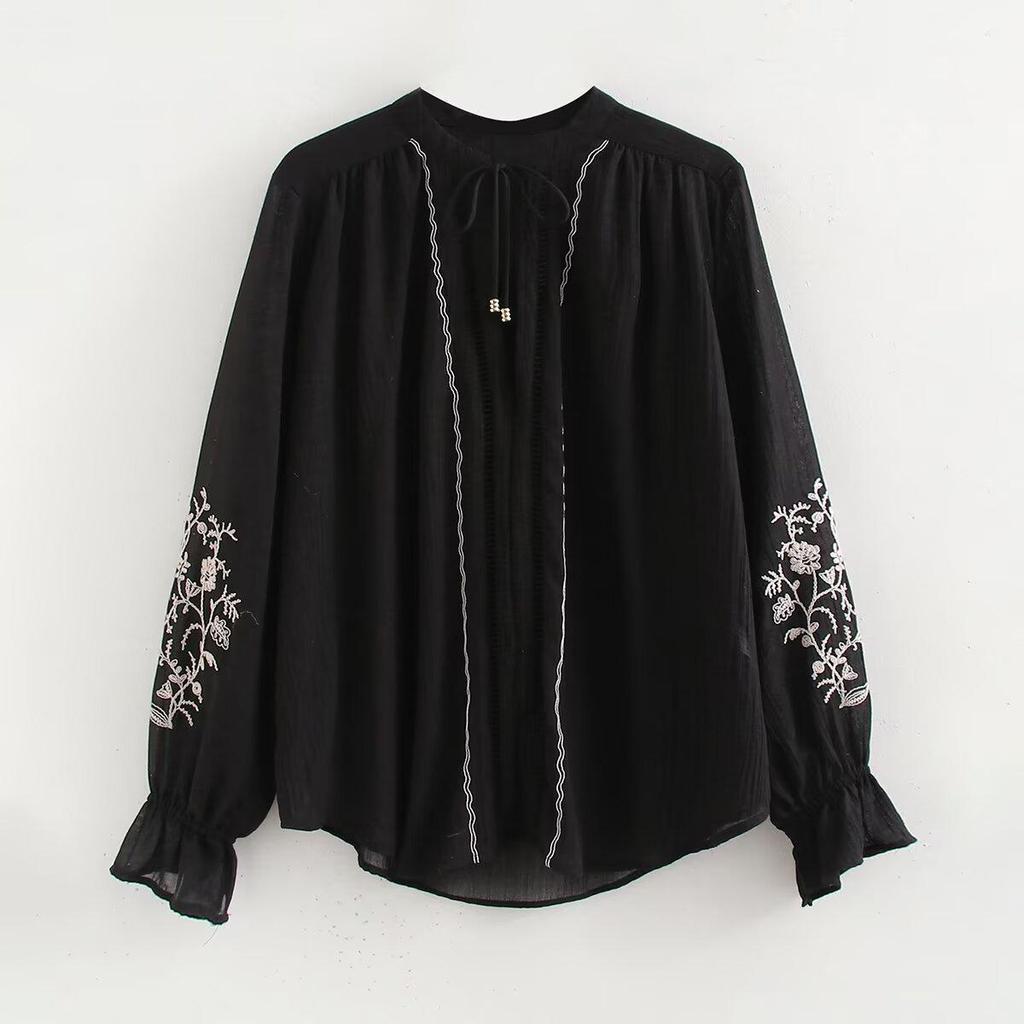 2024 Autumn Women's European & American Style Loose Embroidered Long Sleeve Shirt